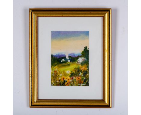 Original watercolor on paper depicting a Summer landscape with rolling hills by Irish artist Kathleen Garrett. Signature on l