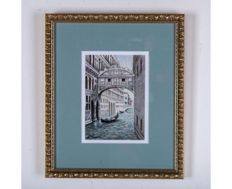 The Bridge of Sights is an original watercolor on laid paper by Italian artist Barbara Carasin who specialized in Romantic vi