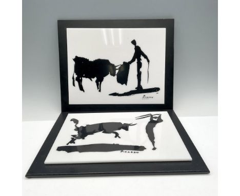 White acrylic screen print of The Bull Fighter mounted to black wooden frame. First print is the taunt (90) with the second d