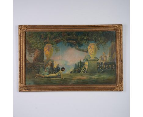 Beautifully colored antique Art Deco framed color lithograph entitled The Garden of Melody by American artist Roy Grossman. S