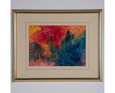 Original serigraph on textured paper featuring an energetic abstraction that fuses warm and cool colors in organic forms and 