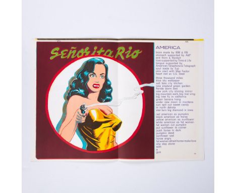A vibrant two-page spread lithograph on BFK Rives paper entitled Senorita Rio by artist Mel Ramos, accompanied with poems on 
