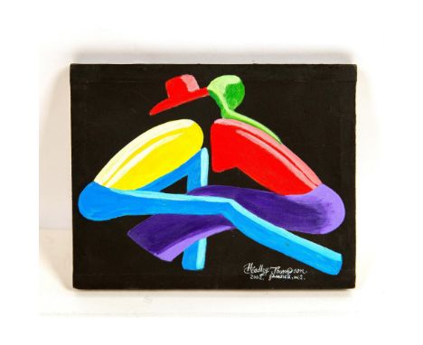 Intimate size double portrait made with bold primary colors and essential lines on a black background by Jamaican artist Head
