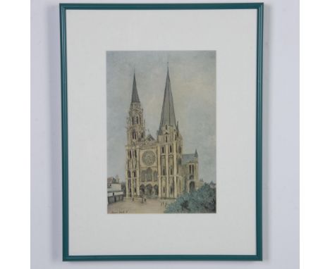 Full-color offset lithograph on paper depicting the Chartres Cathedral after School de Paris artist Maurice Utrillo's origina