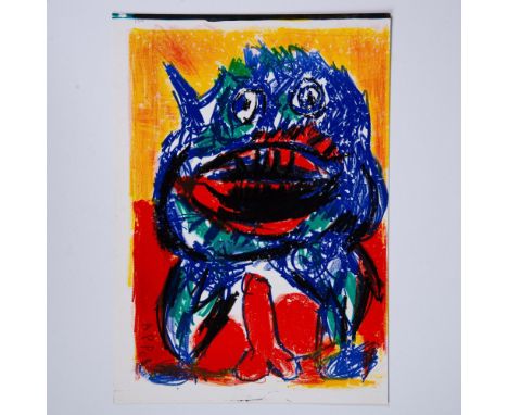 Vibrant original lithograph on BFK Rives paper by artist Karel Appel and parts of a poem on verso. Pulled from renowned Pop A