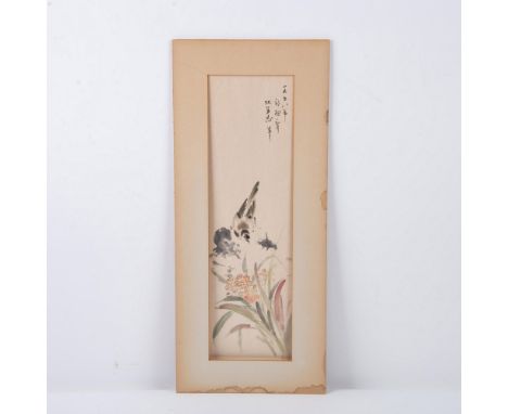 Original Asian painting on Rice paper. Kacho-ga style which depicts bird and flower. Writing on the back of the work is illeg