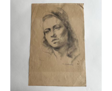Double-sided original graphite and black chalk drawings on tan laid paper. One side features a beautifully drawn portrait of 