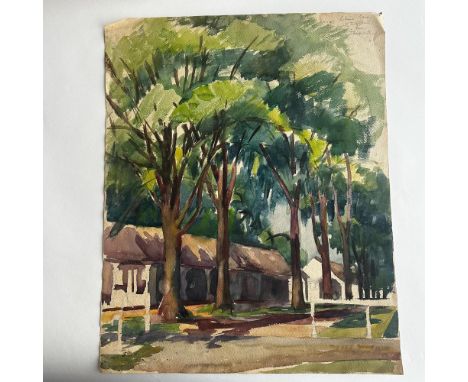 Large original watercolor and graphite on laid paper attributed to American artist Vincent Drennan who studied at the Nationa