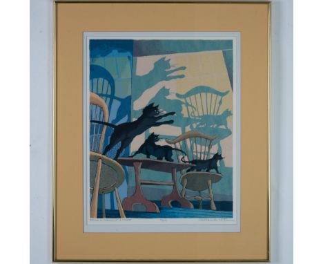 Beyond a Shadow of a Doubt is an awesome original color serigraph by American artist Kurtis Thomas who depicts mischievous ca