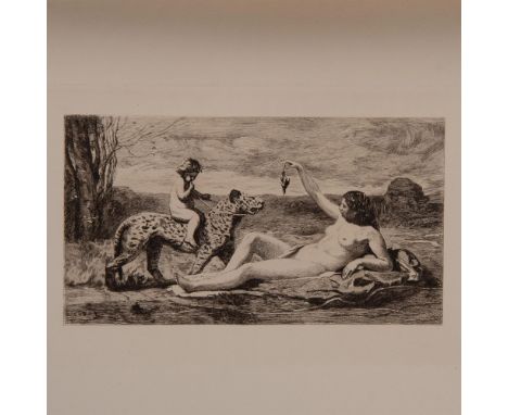 Antique etching on Marais wove paper entitled The Hunt (La Chasse), after French artist Jean-Baptiste-Camille Corots original