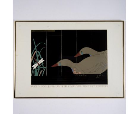 A large gilded color lithograph on paper printed with 8 specially mixed inks and a foil stamping die, depicting two ducks com