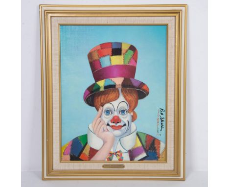 A vibrant lithograph on canvas after Red Skeltons original painting titled Crazy Quilt Clown. Printed in a limited edition of