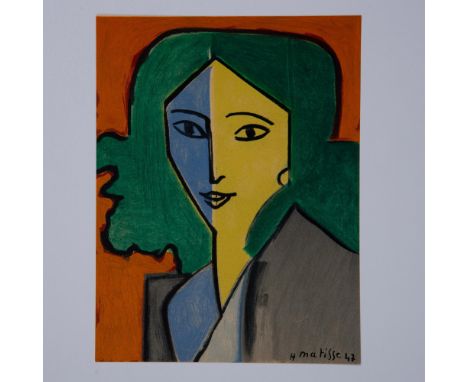 A colorful lithograph on paper entitled Portrait of Lydia Delectorskaya after Henri Matisses original painting. Artists signa