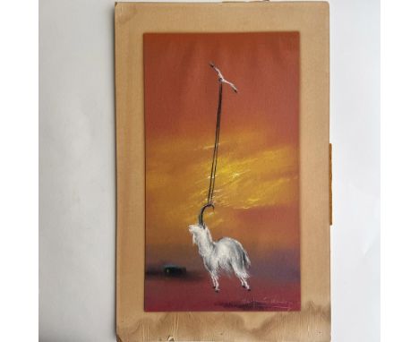 Original Surrealist pastel on red paper by Bolivian Surrealist Benjamin Mendoza who depicts a long horned white Alpine goat l