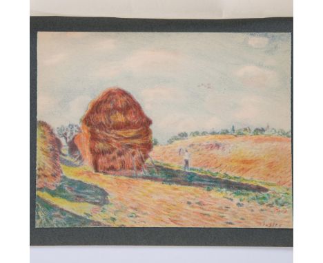 Antique engraving on Japanese paper entitled Les Meules after French Impressionist artist Alfred Sisleys original painting. P