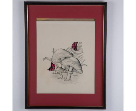 Large original black and white lithograph featuring a worm's eye view of mushrooms with two hand-colored drawings of fuchsia-