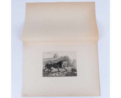 Antique etching on Marais wove paper entitled Lion Attack (Lion attaque) after French Romantic artist Eugene Delacroixs origi