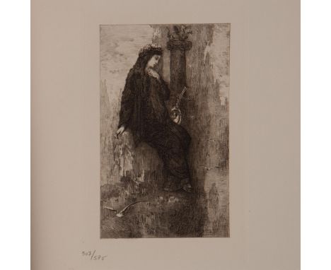 Antique etching on Marais wove paper entitled Sappho (Sapho) after French artist Gustave Moreau. Engraved by Charles Jean Lou