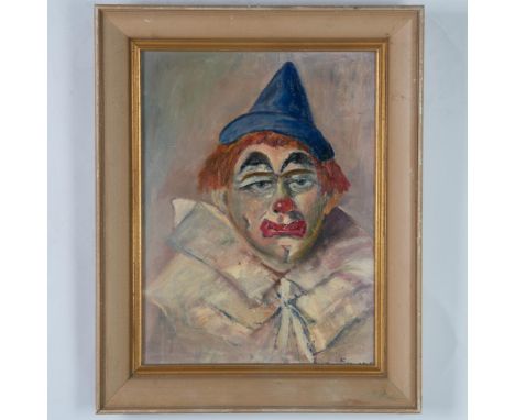 Original oil on board of a portrait of a clown that the artist depicts in a seemingly moment of introspection. Housed in a br