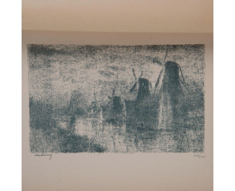Antique original lithograph on Marais wove paper entitled Windmills on the Schie (Moulins sur la Schie) after French Impressi