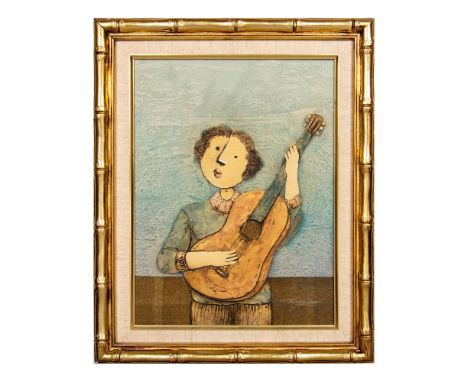 Original acrylic on canvas painting by British artist Joyce Roybal of a young person playing a guitar while standing. Roybal 
