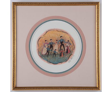 Signed limited edition print on tondo paper by American Artist Patricia Buckley Moss. Amish scene of people linking arms with