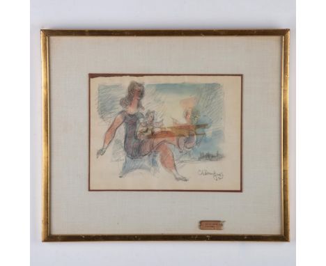 Original watercolor and pencil on paper by American sculptor Chaim Gross from his Mother Playing series with two children, th