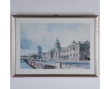 Vintage color print on paper after Irish Realist artist Colin Gibson's original oil painting The Custom's House, Dublin. Sign