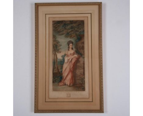 An antique oblong colored mezzotint on paper portrait by Samuel Arlent Edwards, after Thomas Gainsborough's original painting