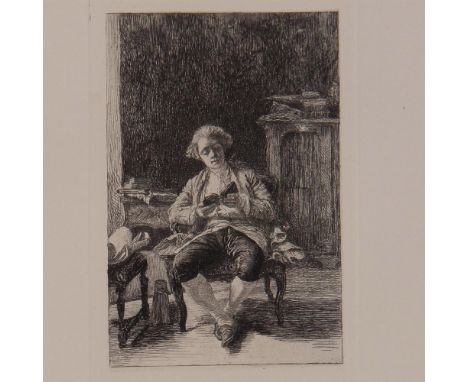 Antique etching on Marais wove paper entitled Young Man Studying (Jeune Homme a l etude), after French academic painter Jean-