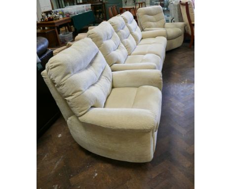 Traditional 3 piece lounge suite upholstered in a pale gold chenille fabric, the sofa is manually reclining and the 2 chairs 