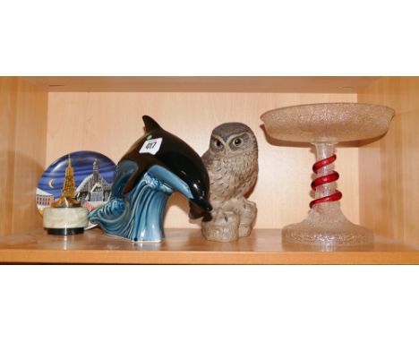 Poole Pottery Dolphin, stoneware owl, plate and an onyx lighter, crackle ware glass etc