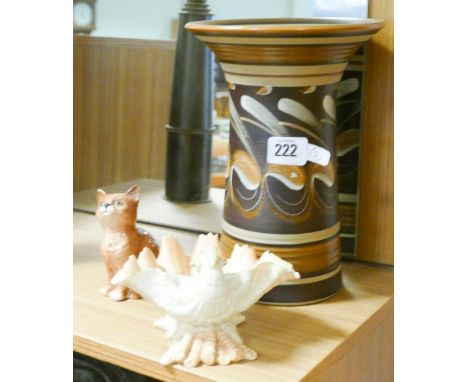 Brown decorated Denby vase approximately 10" tall, Beswick cat ornament and a Worcester shell shaped dish 