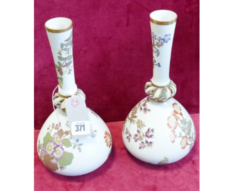 Large pair of Royal Worcester blush ivory narrow necked vases painted with wild flower sprays with pierced collars.  Height 3