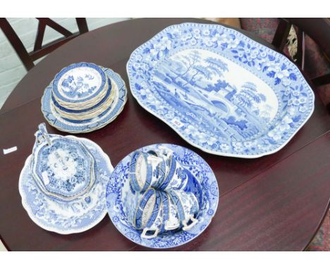 Collection of Victorian and later blue and white china to include a large Spode meat dish 