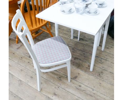 White kitchen drop leaf table and a pair of ladder back chairs 
