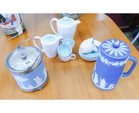 Wedgwood Jasper biscuit barrell, similar coffee pot and some Poole Pottery twin tone coffee cups and saucers 