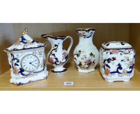 Four pieces of Mason's ironstone Mandalay pattern china to include quartz mantle clock and a tea caddy all as new with boxes 