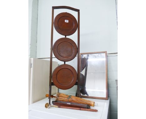Three tier mahogany folding cake stand, a wall mirror, a thermometer, fan etc