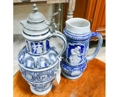 Two pieces of Westerwold German stoneware comprising a jug and a large pewter lidded flagon, tallest item measures 40cm appro