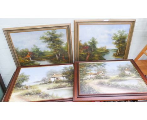 Two pairs of modern oil paintings country scenes, print of dogs and a watercolour 