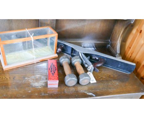 A Stanley Jack plane, harmonica, small display cabinet and a pair of small bar bells 