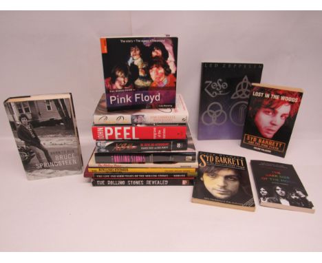 A collection of fourteen Rock and Pop books including The Rolling Stones, Pink Floyd, Syd Barrett, Led Zeppelin, Celine Dion,