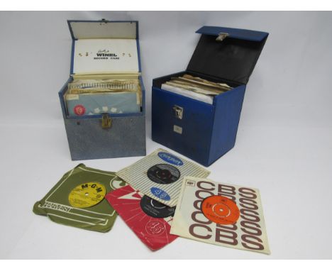 Two cases containing a collection of predominantly 1960s 7" singles including The Kinks, Yardbirds, Buddy Holly, The Walker B