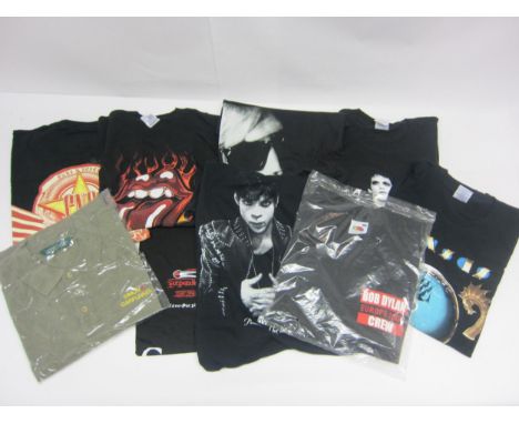 Nine assorted band crew and tour t-shirts to include Bob Dylan 2004 European tour, Prince, Lou Reed, Deep Purple 1996 'Purpen