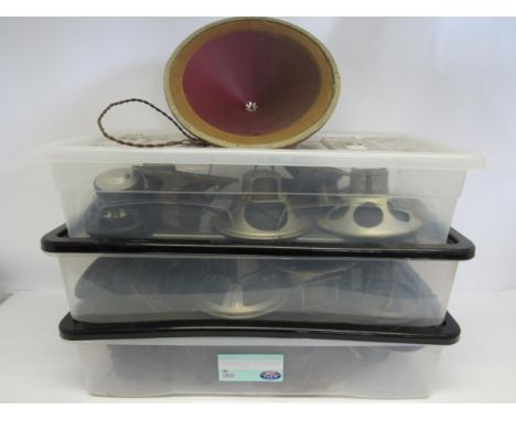 Three boxes of vintage field coil speakers and another larger 1920s moving iron cone speaker 