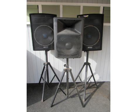 A Skytec 150.157 powered speaker on stand and a pair of Skytec 170.734 300 watt PA speakers on stands (3) 