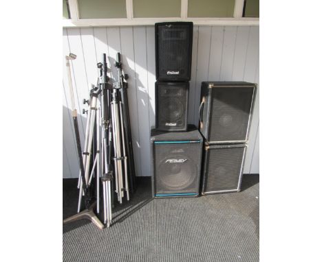A Peavey Eurostar 3 PA speaker, a pair of Prosound PS08 speakers and another pair of speakers (5), together with assorted spe