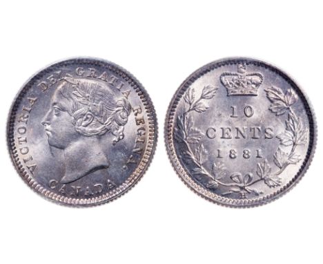 10 Cents. 1881-H. Obverse 2. ICCS graded Gem Uncirculated-65. Gorgeous light violet-grey toning adds subtle contrast to the w