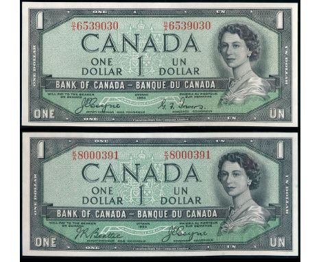 $1.00.  1954 Issue.  BC-29a.  No. B/A6539030.  Coyne-Towers. 'Devil's Face'.  Unc;  $1.00.  1954 Issue.  BC-29b.  No. K/A8000